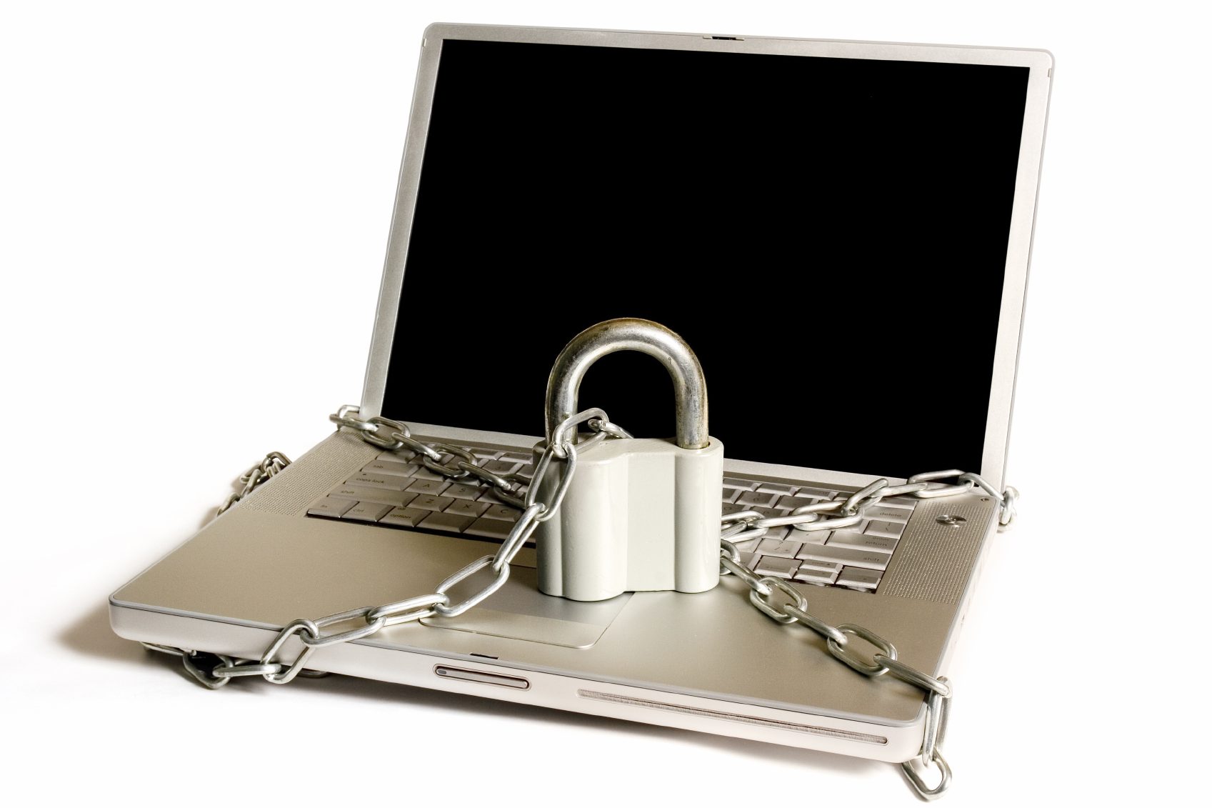 A laptop secured with a chain and padlock, symbolising data protection. Cyber Security